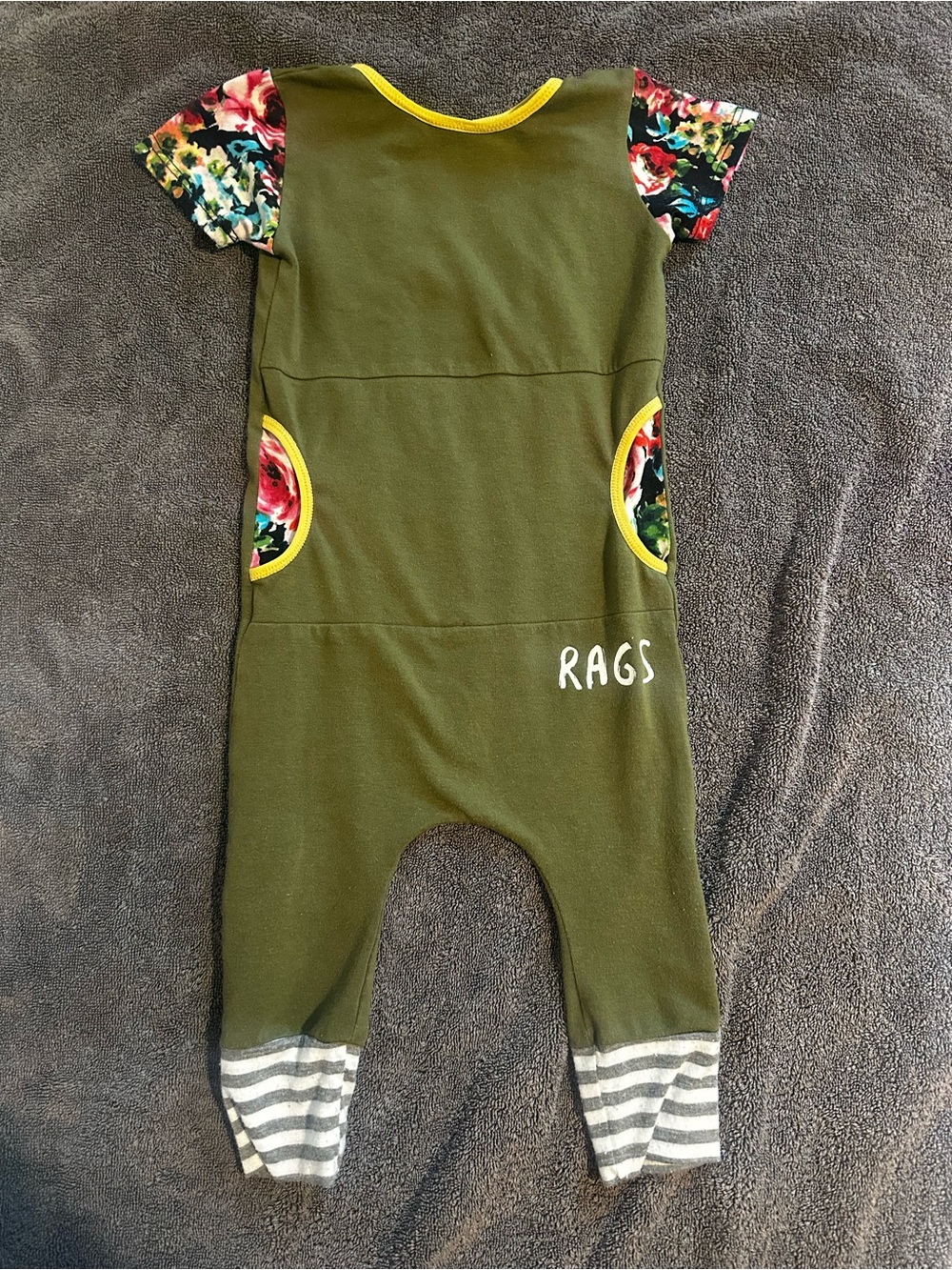 Rags to Raches Olive Green One-Piece with Floral Sleeves and Yellow Trim